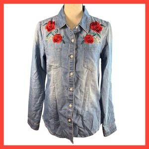 Cavalini Womens Denim Shirt with‎ Floral Embroidery, Long Sleeve Button Down Top